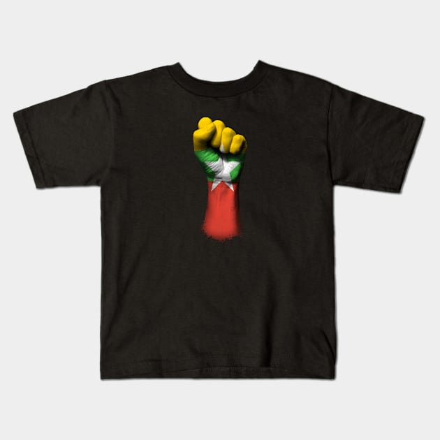 Flag of Myanmar on a Raised Clenched Fist Kids T-Shirt by jeffbartels